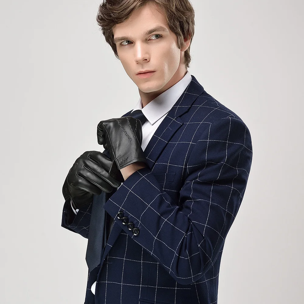 High Quality Custom Winter Full Finger Gloves for Men Genuine Sheep Leather Stylish Black