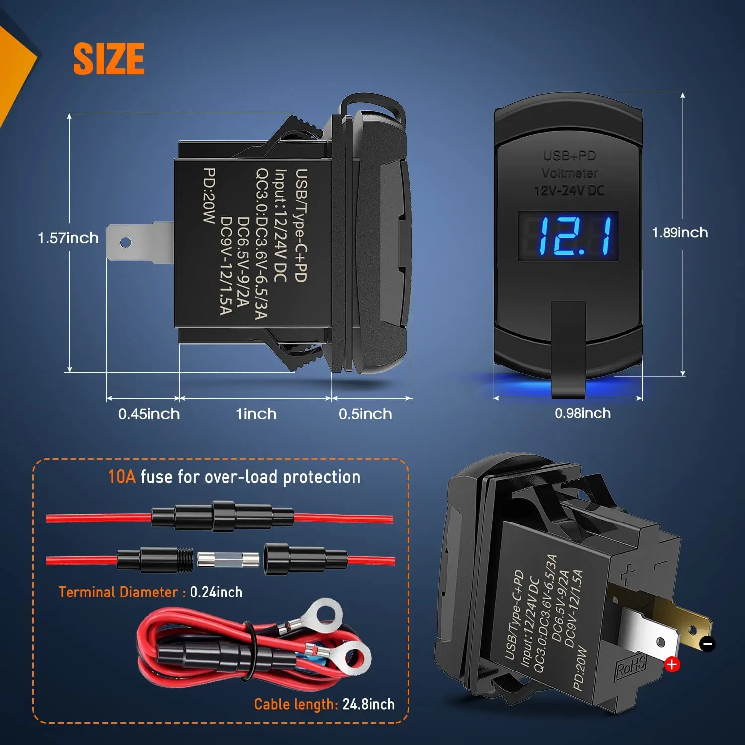 Rocker switch type usb charger pd type USB charger blue rocker style Charger with voltmeter in rocker  for auto car marine boat