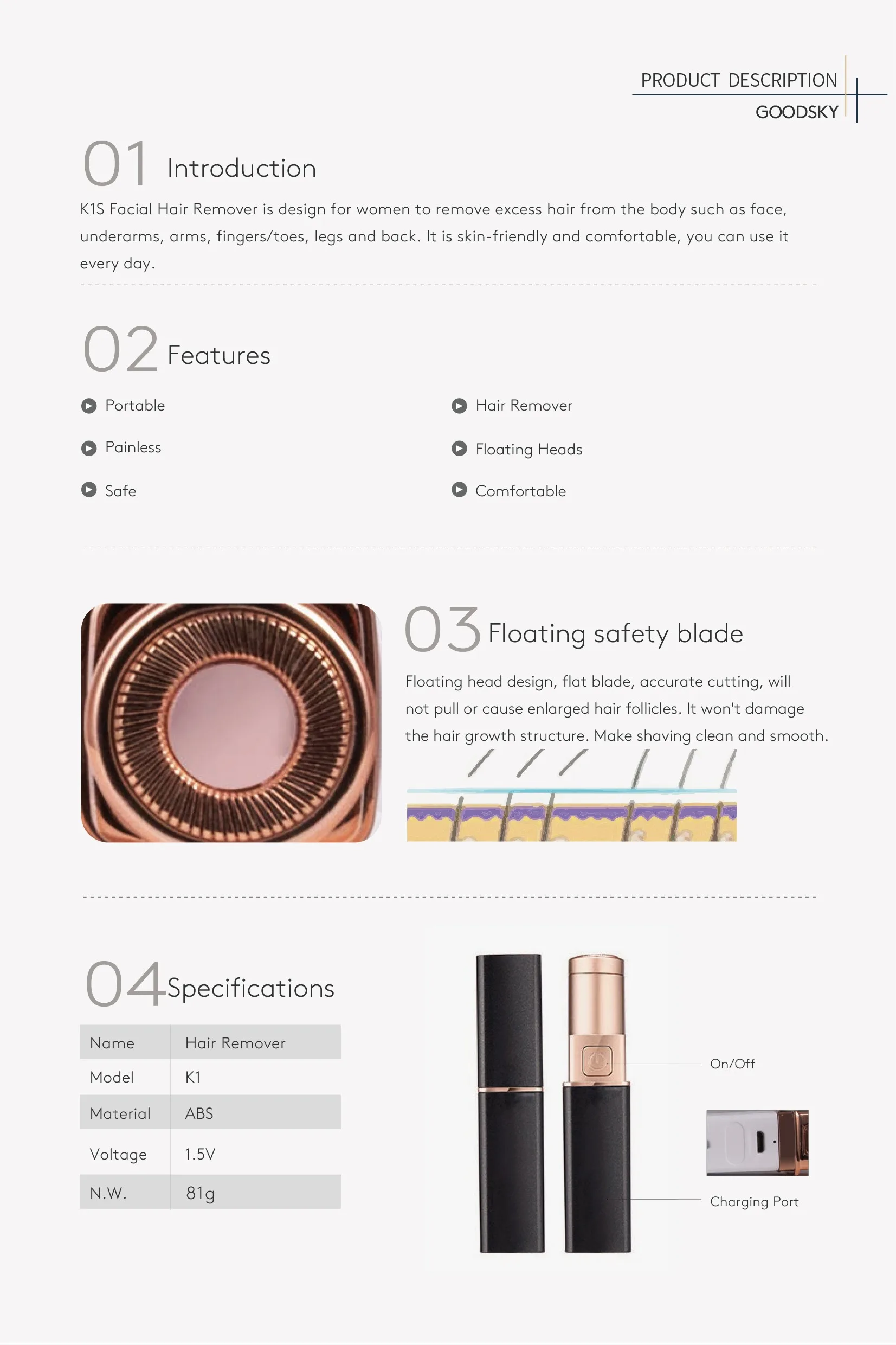 2024 Goodsky USB Rechargeable Lipstick Electric Women Shavers  Mini Hair Removal