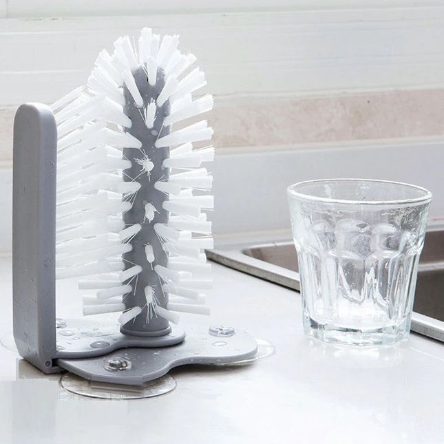 Hot Sell Kitchen Cup Plastic Brushes Utensils Plastic Scrubber With Suction Base Glass Bottles Multifunctional Washing