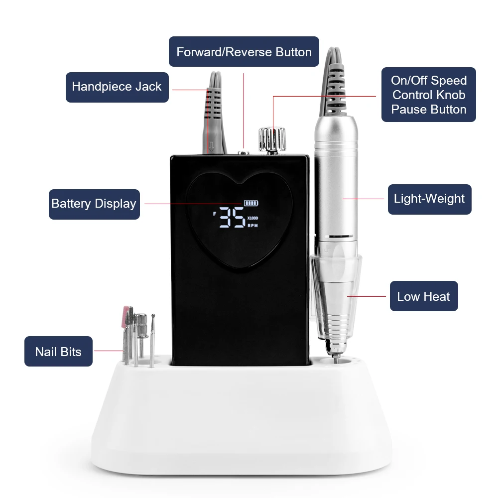 Nail Drill Machine 35000rpm Portable Manicure Polisher Sander Cordless Rechargeable Electrical E-file Handle Nail Drill Machine