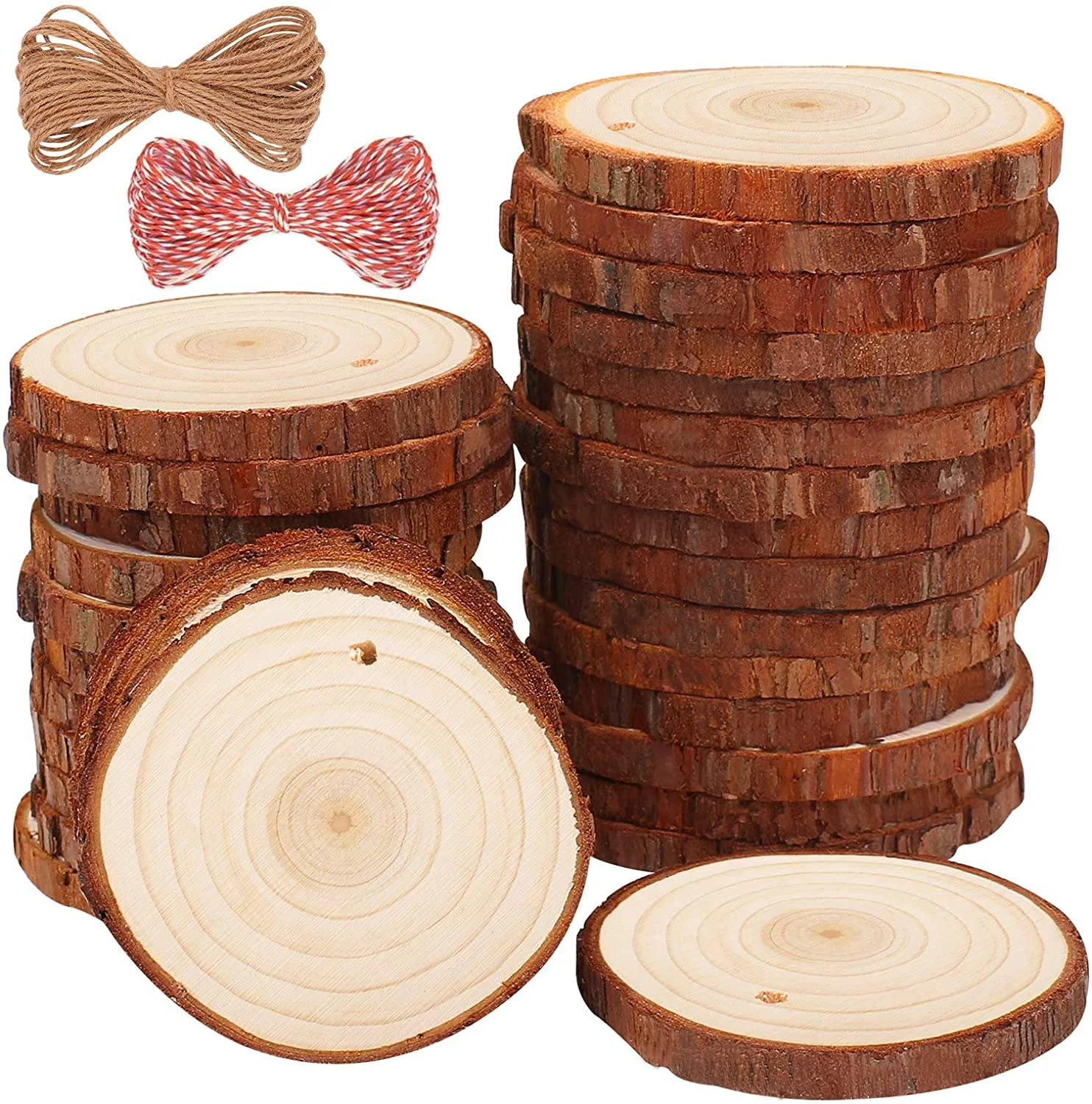 Tailai 2.36-3.93 IN Unfinished Natural Pine Wood Slice with Hole Wooden DIY Round Crafts Homemade Ornaments House Decoration