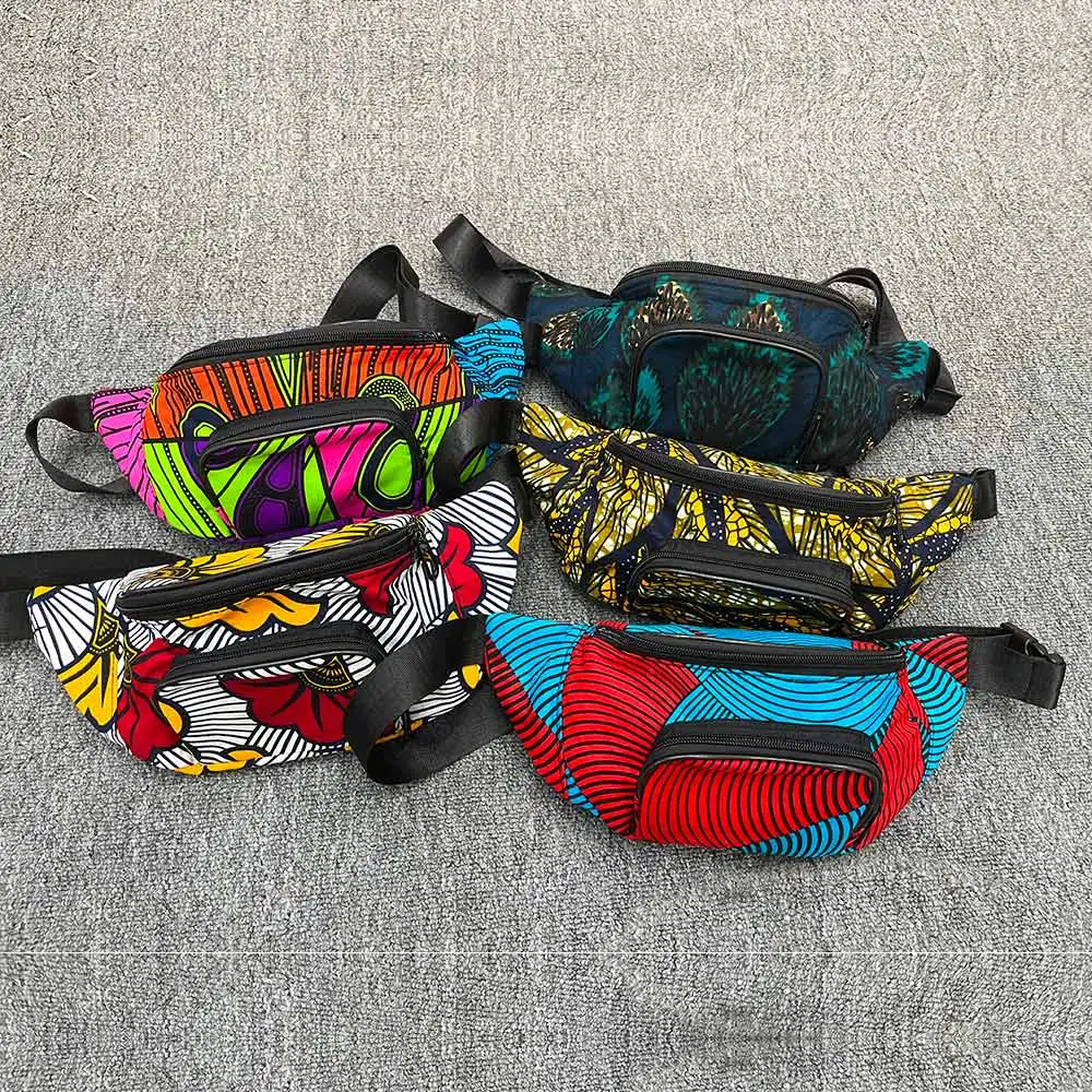 Fannypack in african ankara wax fabric multi-pockets unisex sport waist bags adjustable zipper bags