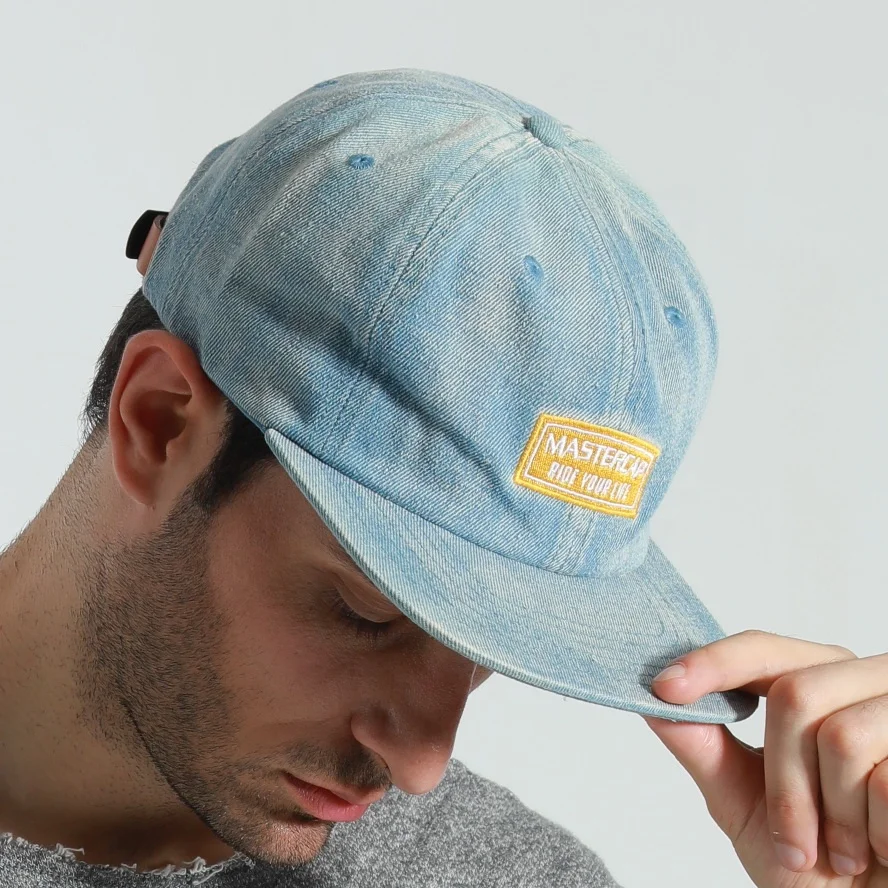 Custom embroidery logo high quality jeans cap denim fabric washed classic 6 panel dad hat with leather strap