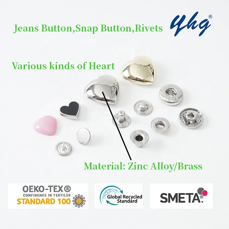 Wholesale Custom Logo Love Brass Zinc Alloy Rivet Shank Jean Button Heart Metal Snap Buttons for Clothes Apparel Accessories