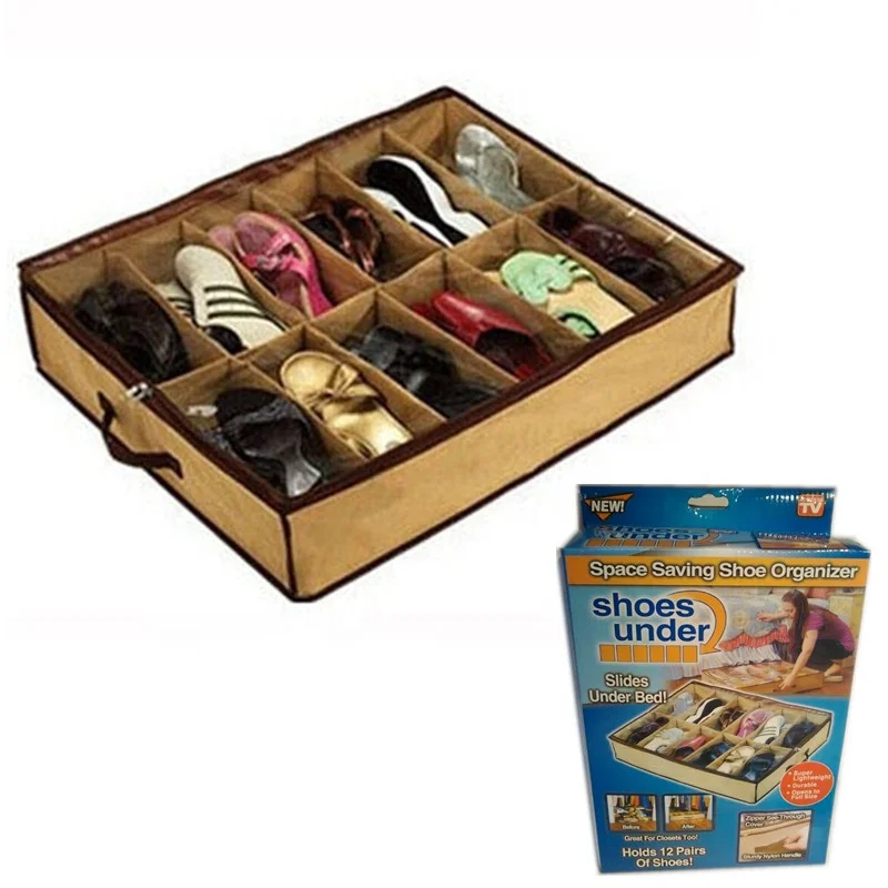 Under Bed Shoe Storage Organizer Set of 2 Large Containers, Each Fit 12 Pairs of Shoes Sturdy Box Strong Zipper & Handles