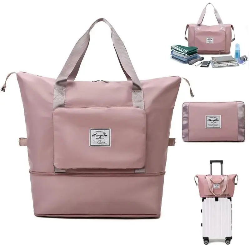 Pink Travelling Gym Bag Oxford Women Shoulder Bags Large Capacity Waterproof Expandable Folding Duffel Bags