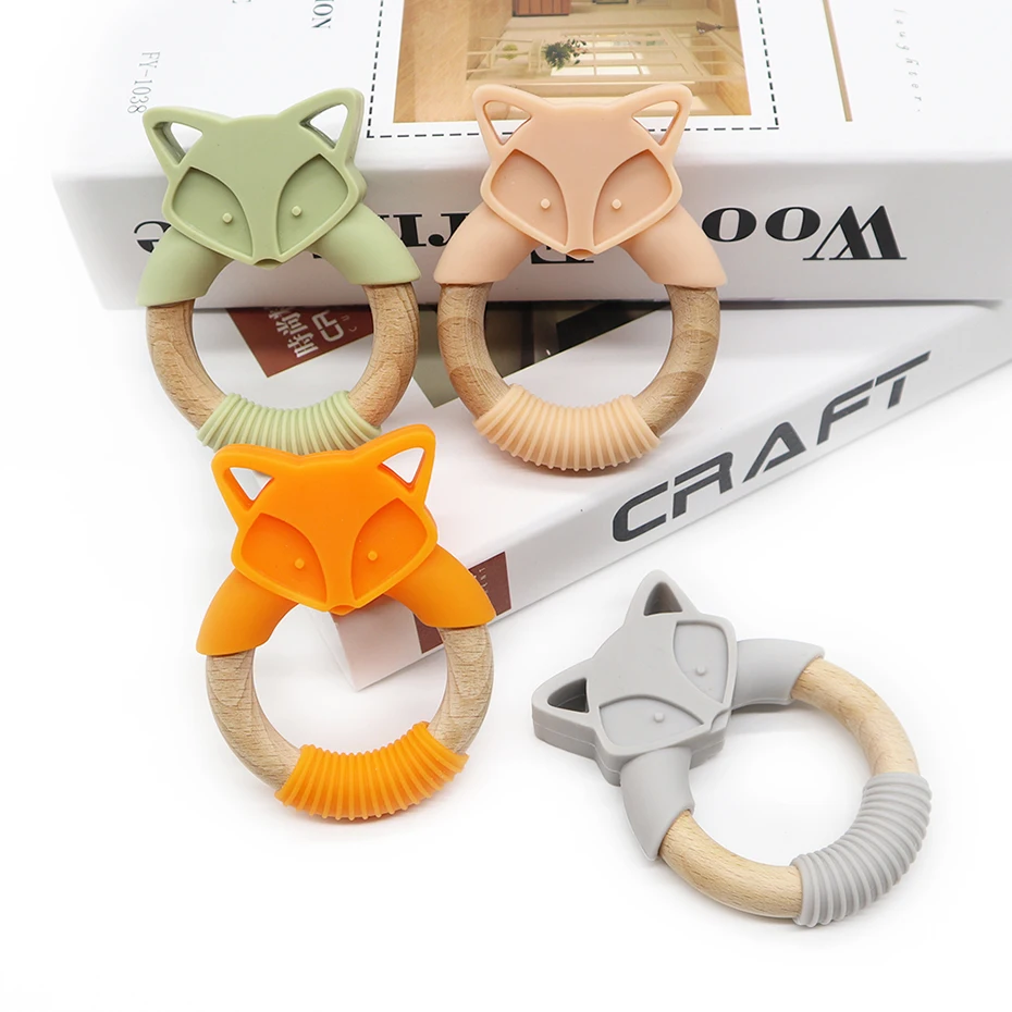 Wholesale Custom Fox Shape Wooden Baby Teething Ring Toy BPA Free Silicone Baby Teether