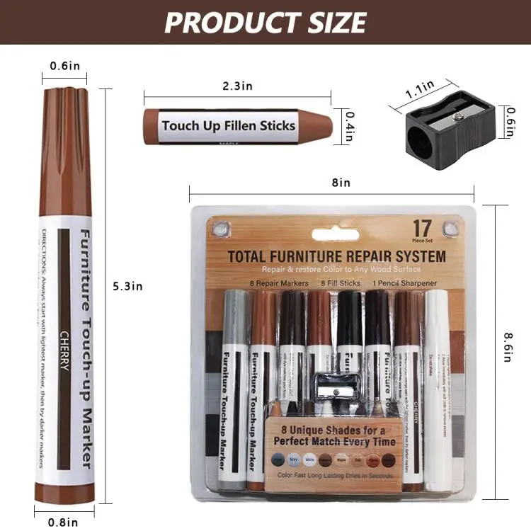 Repair Scratch Cracks 8 Colors 17 Pack Furniture Repair Kit Wood Markers
