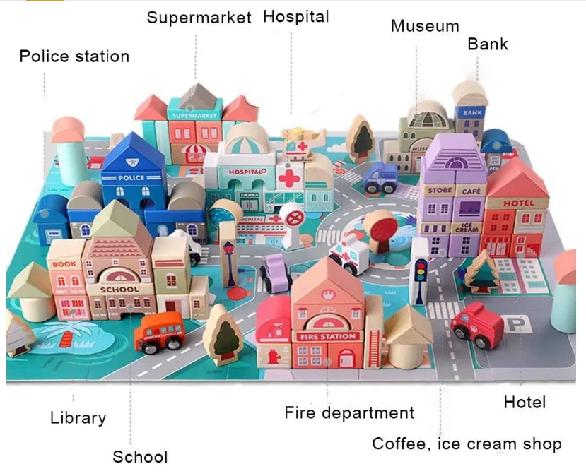 115 Pieces Construction Toys for Toddlers Preschool Age Wooden toy Building Blocks Set with Play Mat Puzzle