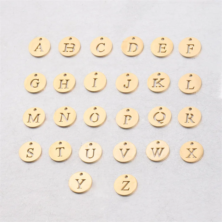 Wholesale gold plated hollow A-Z letters charms for jewelry making stainless steel round pendant charms