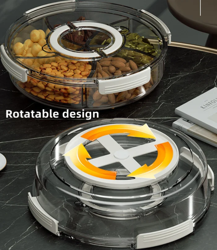 Home Transparent Food Storage Container Rotating Serving Tray 5 Compartment Round Snackle Box