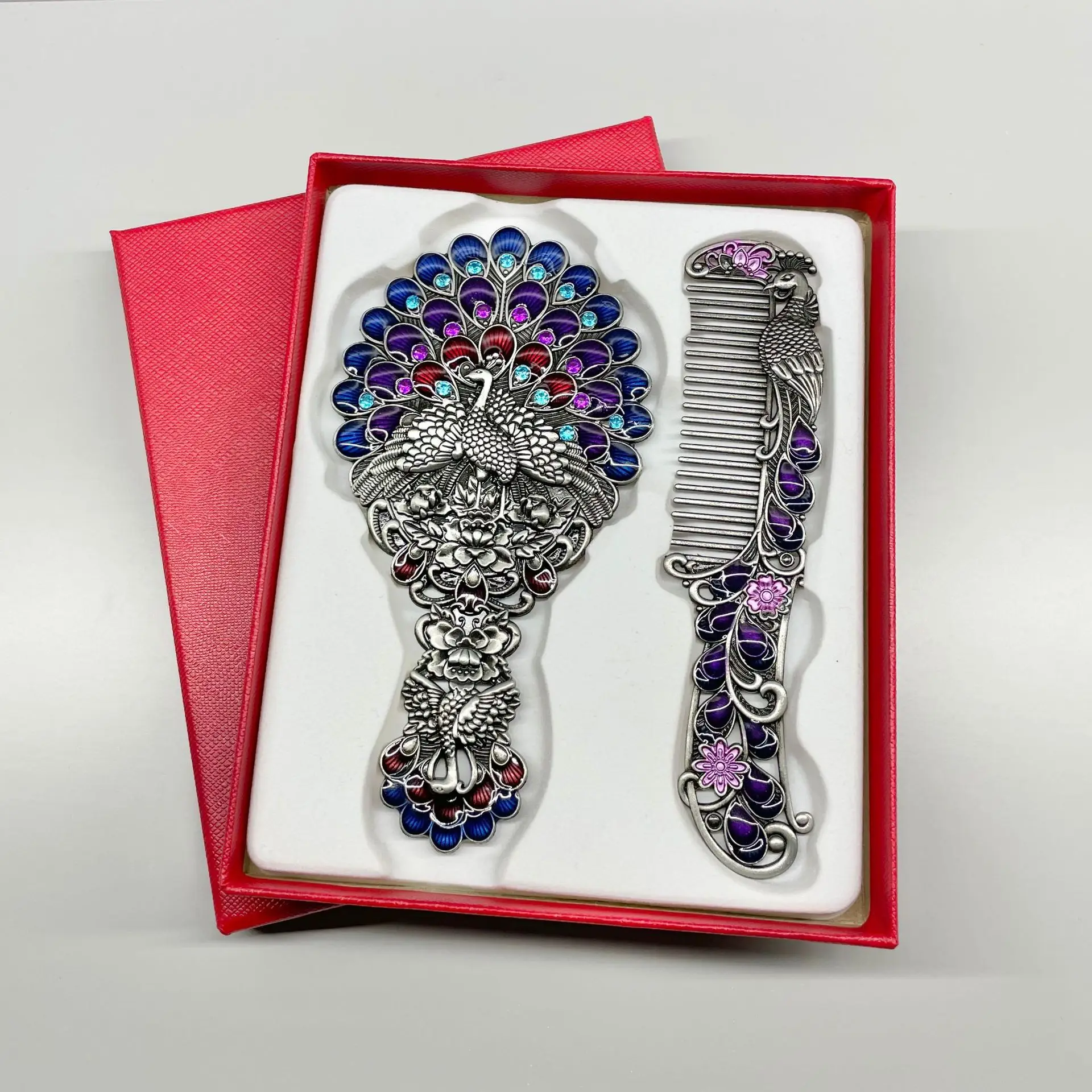 Creative Vintage Peacock Metal  Mirror Zinc Alloy Rhinestone Decoration Mirror Comb Set