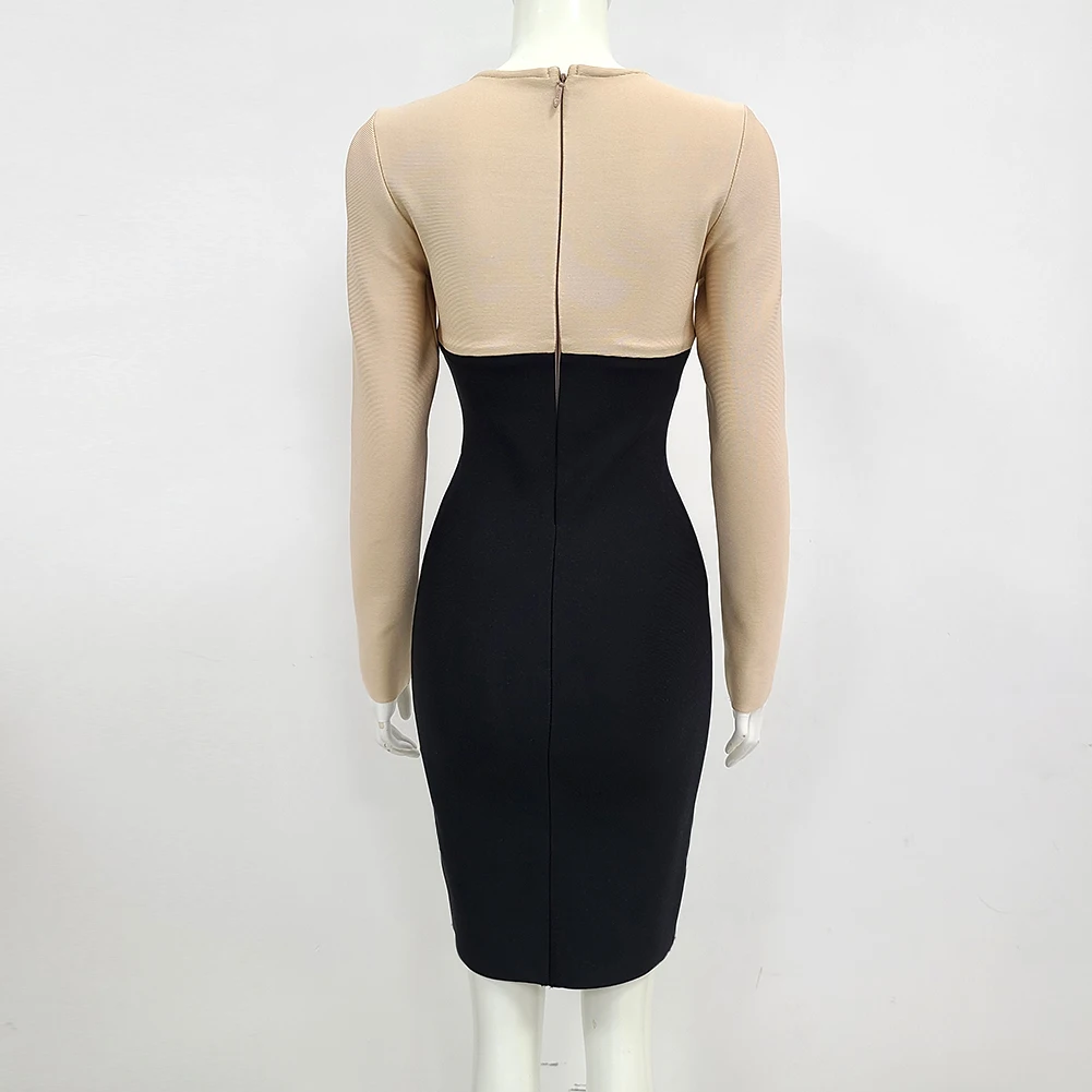 Sexy Elegant Mini Party Dress Vestido Fashion Fall Long Sleeve Patchwork Lacing Beige Bandage Dress