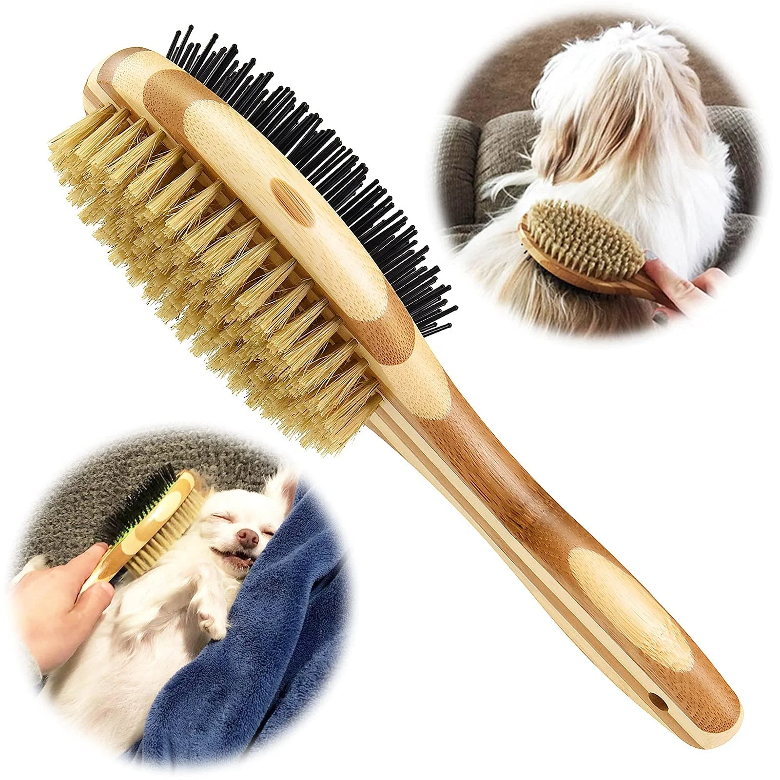 KingHon Bamboo Handle Two Sided Bamboo Wood Cat Dog Pet Massage Hair Grooming Brush Pet Cleaning
