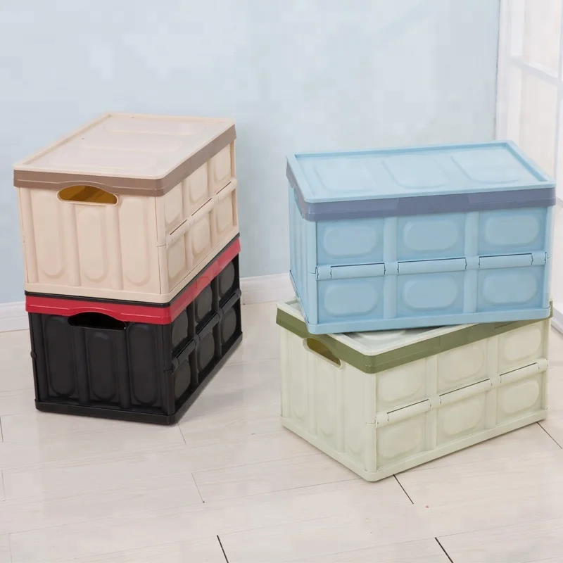 Reusable Collapsible Plastic Car Trunk Storage Box Organizer Folding Crates with Reflective Sticker,Waterproof Bag,Lid