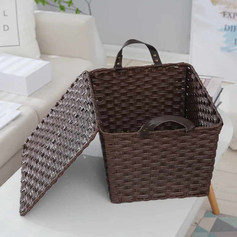 Car basket imitation Rattan woven storage basket dustproof with cover picnic fruit basket kitchen storage box in stock wholesale