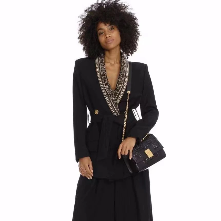H3295 Customized Office Lady V-Neck Double Beaded Outfit Black Full Sleeves Blazers Ladies Women