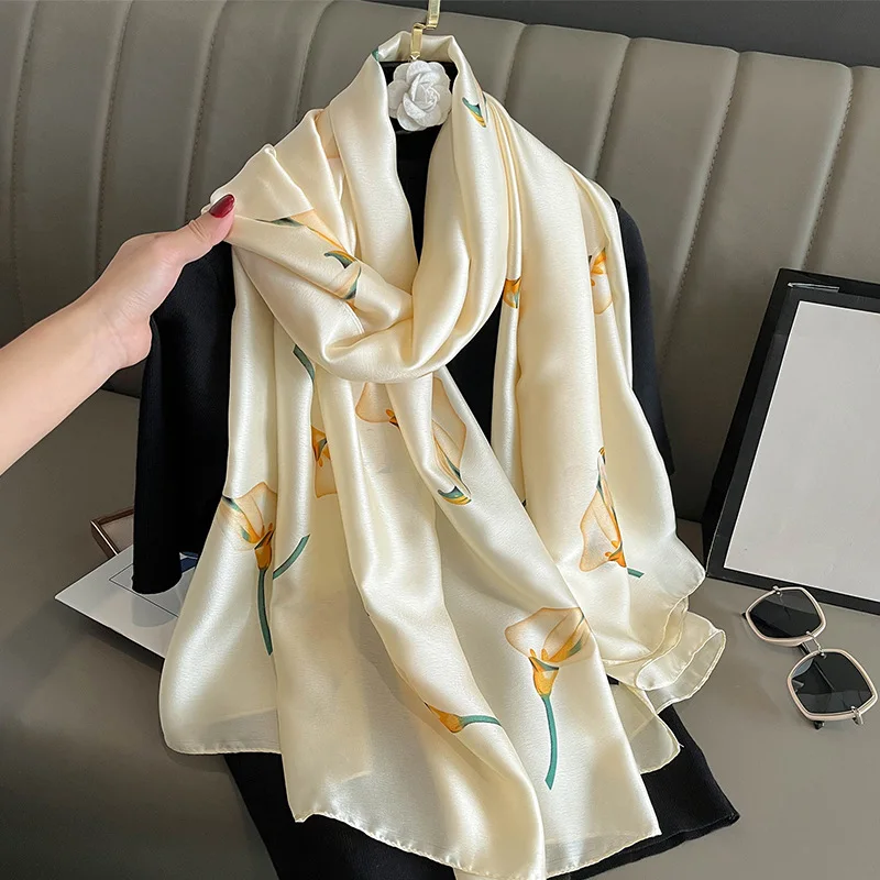 2023 Wholesale Women Beige Silk Scarf Shawl Spring Fall Fashion Large Elegant Classical Long Scarves Wraps Printed 180*90cm