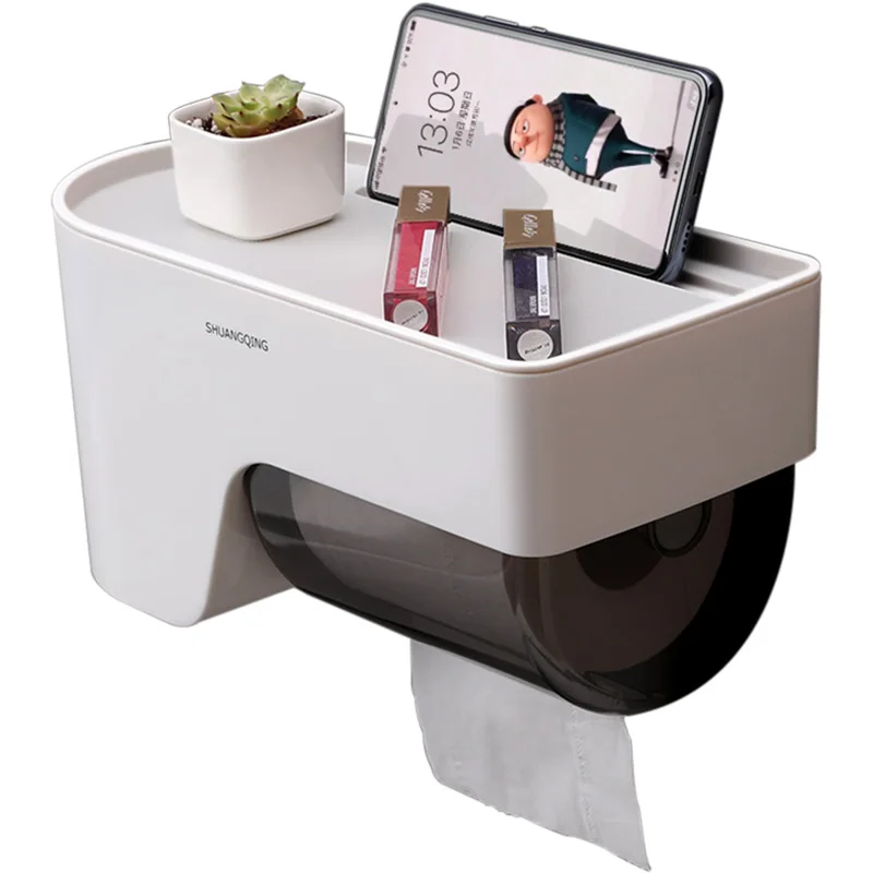 
Hot sale Bathroom wall mounted plastic toilet paper holder with mobile phone napkin sundries tissue paper roll storage holder 