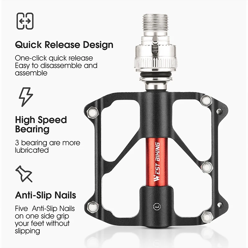 WEST BIKING New Bike Parts 3 Bearing CNC Quick Release Aluminum Alloy Pedal Mtb Road Bicycle Pedals