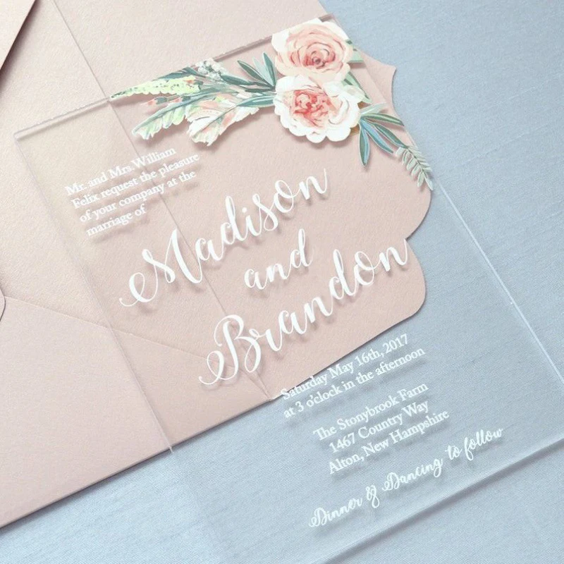 Nicro Customized Romantic Transparent Acrylic Rose Quinceanera Party Birthday Eco-Friendly Floral Wedding Invitation Card