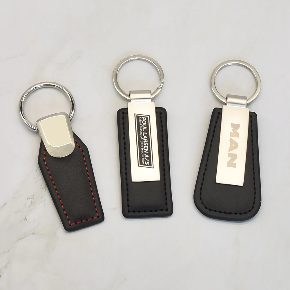 Custom embossed logo laser engraving car keychain keyring pu leather keychain metal leather keychain