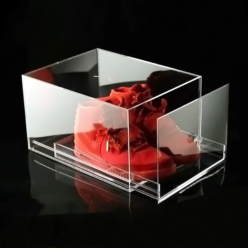 Factory custom store shop clear shoe display box pmma plexiglass acrylic shoes sliding drawer case box acrylic clear shoe box