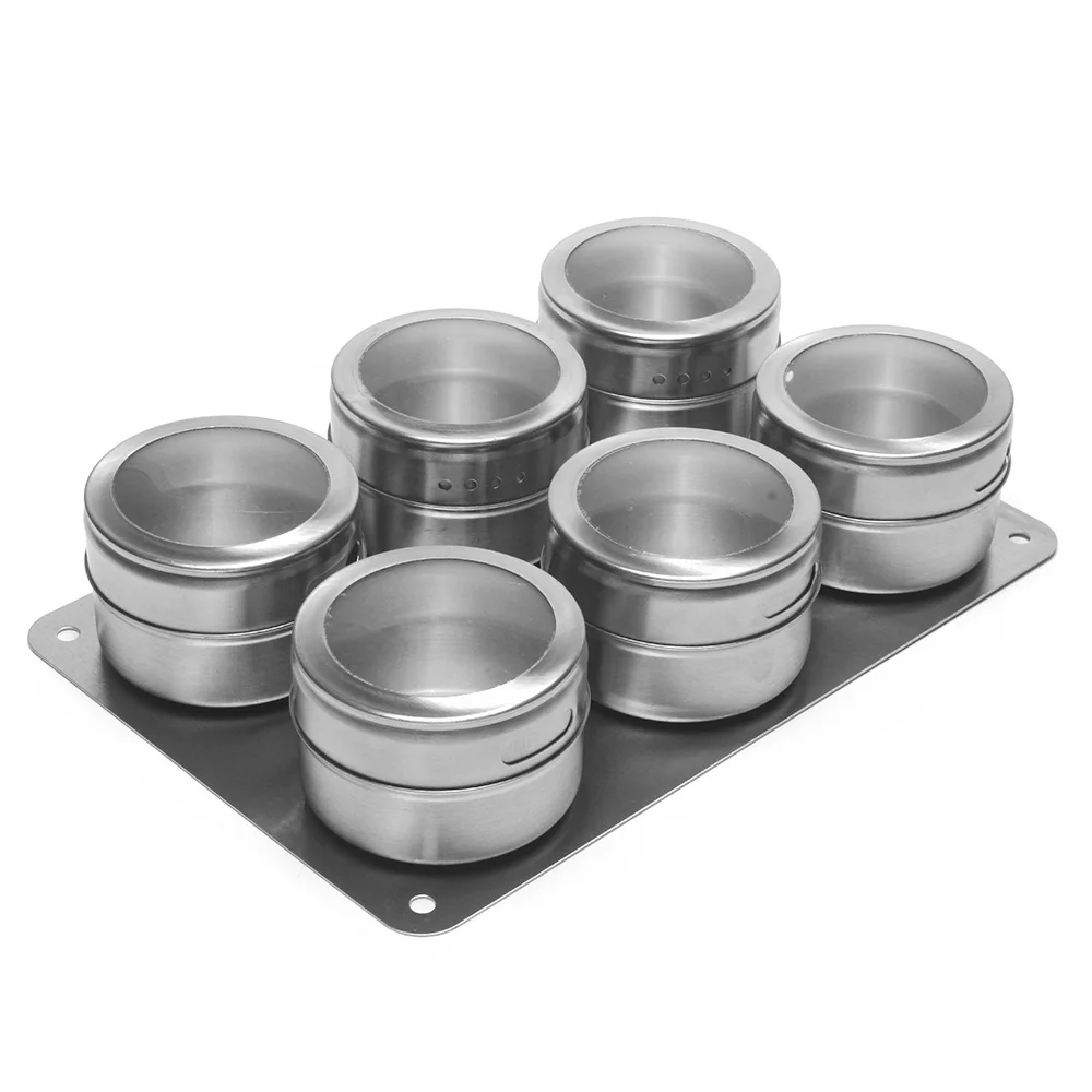 
Amazon Hot Sale 6 Pcs Kitchen Stainless Steel Magnetic Spice Jars Storage Tins 