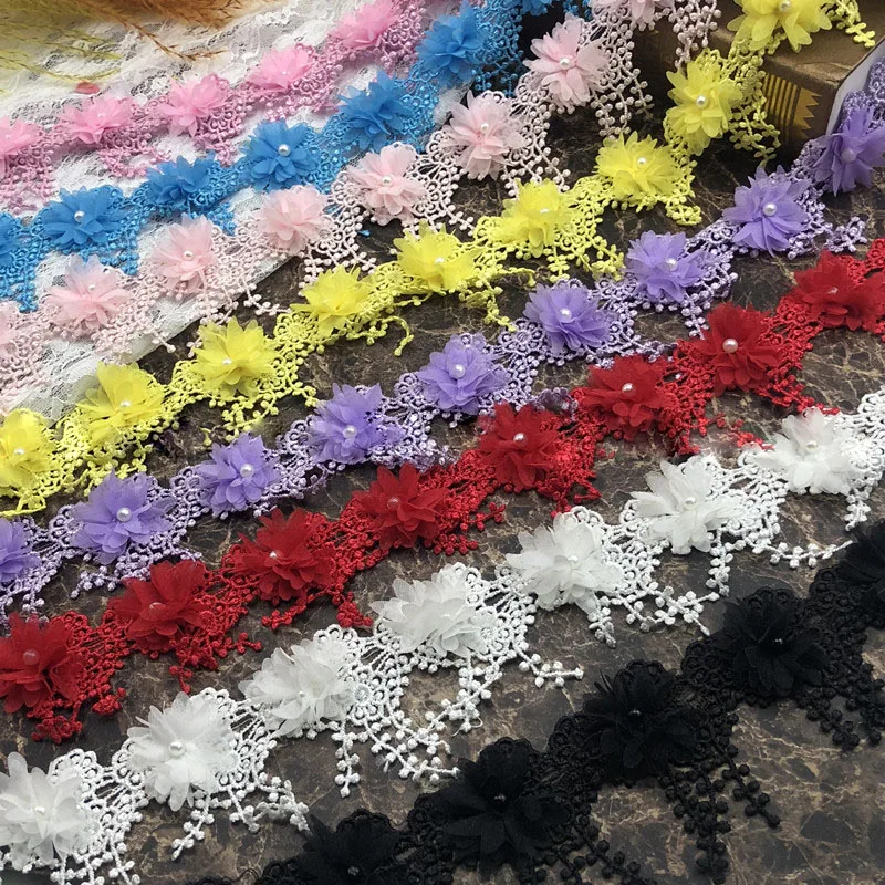 4CM 3D Flower Pearl Lace Trim Embroidered Lace Ribbon Fabric Handmade Beaded Sewing Craft For Costume Hat Decoration