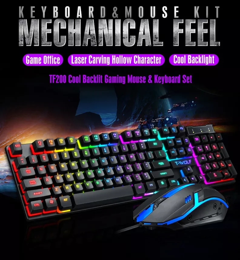 New Arrival Mechanical Keyboard TF200 Professional Wired 104 Keys Usb Gaming Keyboard With Rainbow LED Backlight