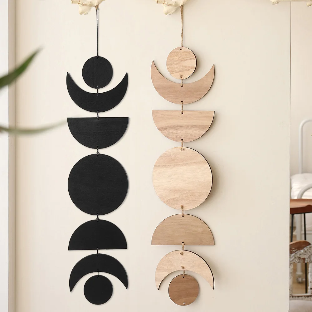 Moon Cycle Wall Art Decorative Moon Sun Phase Sign Ornaments Boho Wooden Wall Hanging Bohemian Decor for Bedroom Living Room