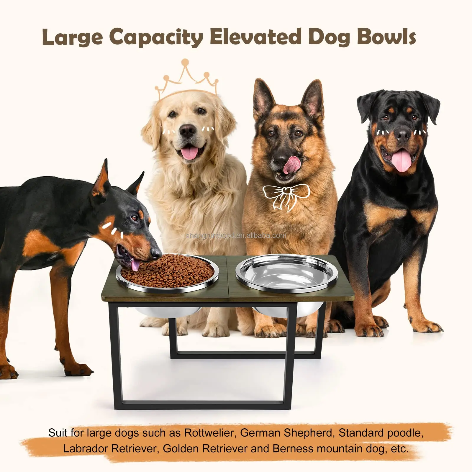 Elevated Stainless Steel Pet Food Water Bottle 2 Bowls Dog Feeder Pet Feeder Wood X-Large Dog Raised Dog Bowl Stand