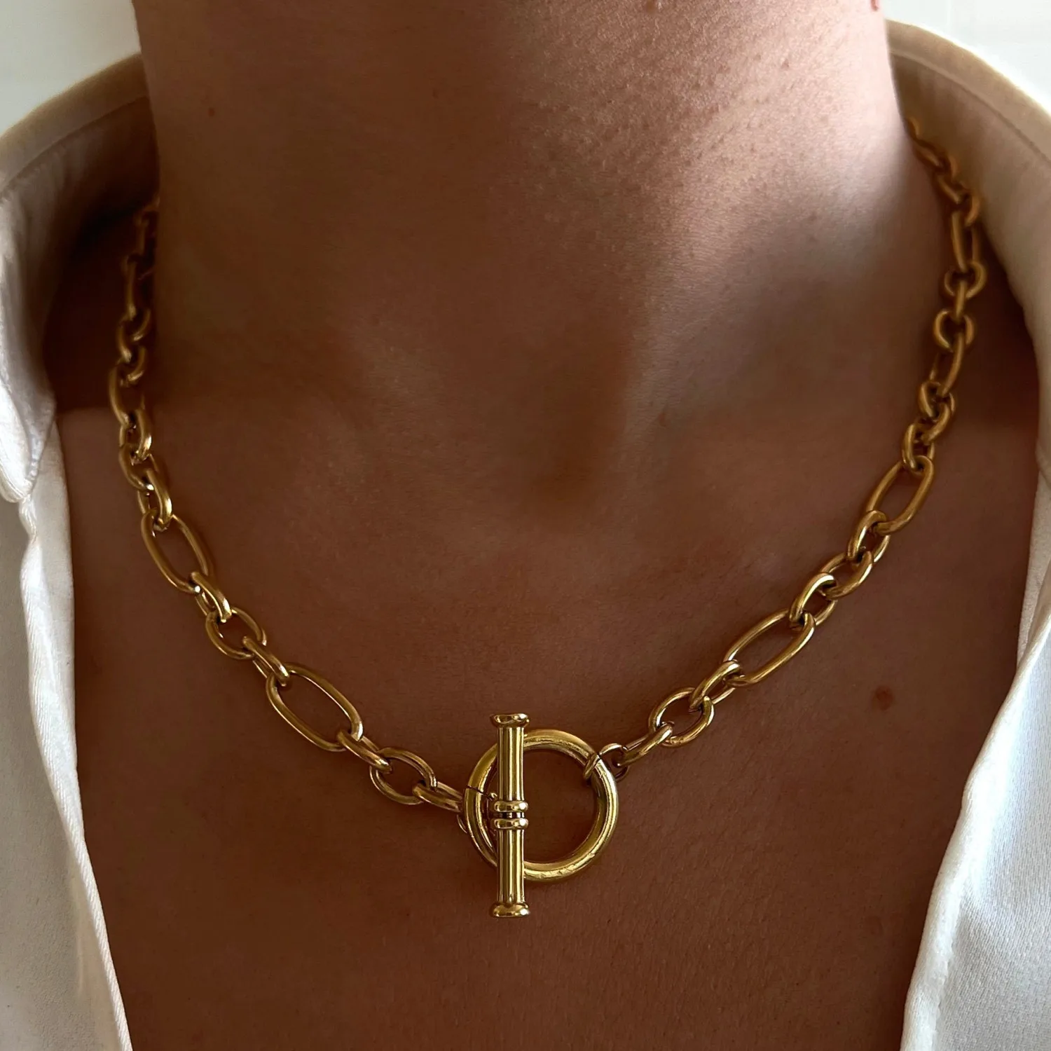 Trendy Tarnish Free Jewelry 18K Gold Plated Chunky Link Chain Toggle Necklace Stainless Steel Necklace Jewelry Wholesale