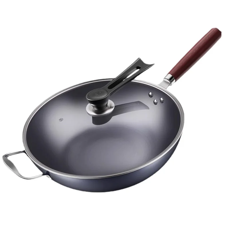 Traditional Household Iron Wok Non-Coated Non-Stick Pan with Lid for Induction Cooker Gas Chinese Style for Cooking