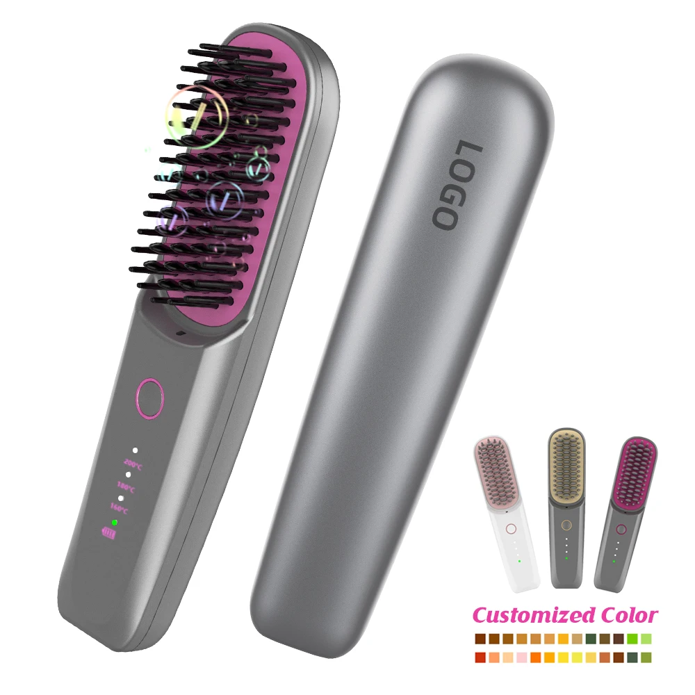 Professional 6400mAh Cordless Wireless Straightening Comb Negative Ion Technology Metal Handle Nylon USB Rechargeable Laser