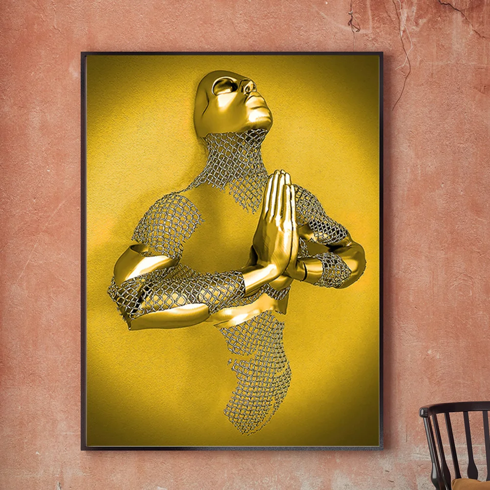 Luxury Custom Portrait Painting Abstract Golden Sculpture Kiss Lover Wall Art  Canvas Painting For Home Decor