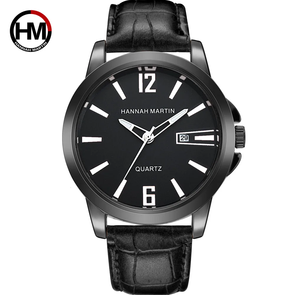HANNAH MARTIN WATCH FACTORY OEM Stock Supply Business Leather Strap Anti-magnetic Simple Fashion Private Label Quartz Watch Men