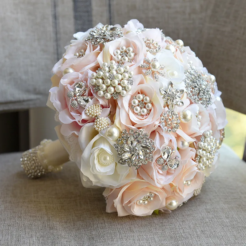 Gorgeous Satin Roses Crystals Embellished Artificial Flowers Bridal Wedding Bouquet