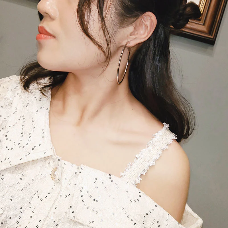 3-7cm 925 Silver Needle Large Hoop Earrings Fashion Ear Ring Exaggerate Circle Round Loop Earring for Women