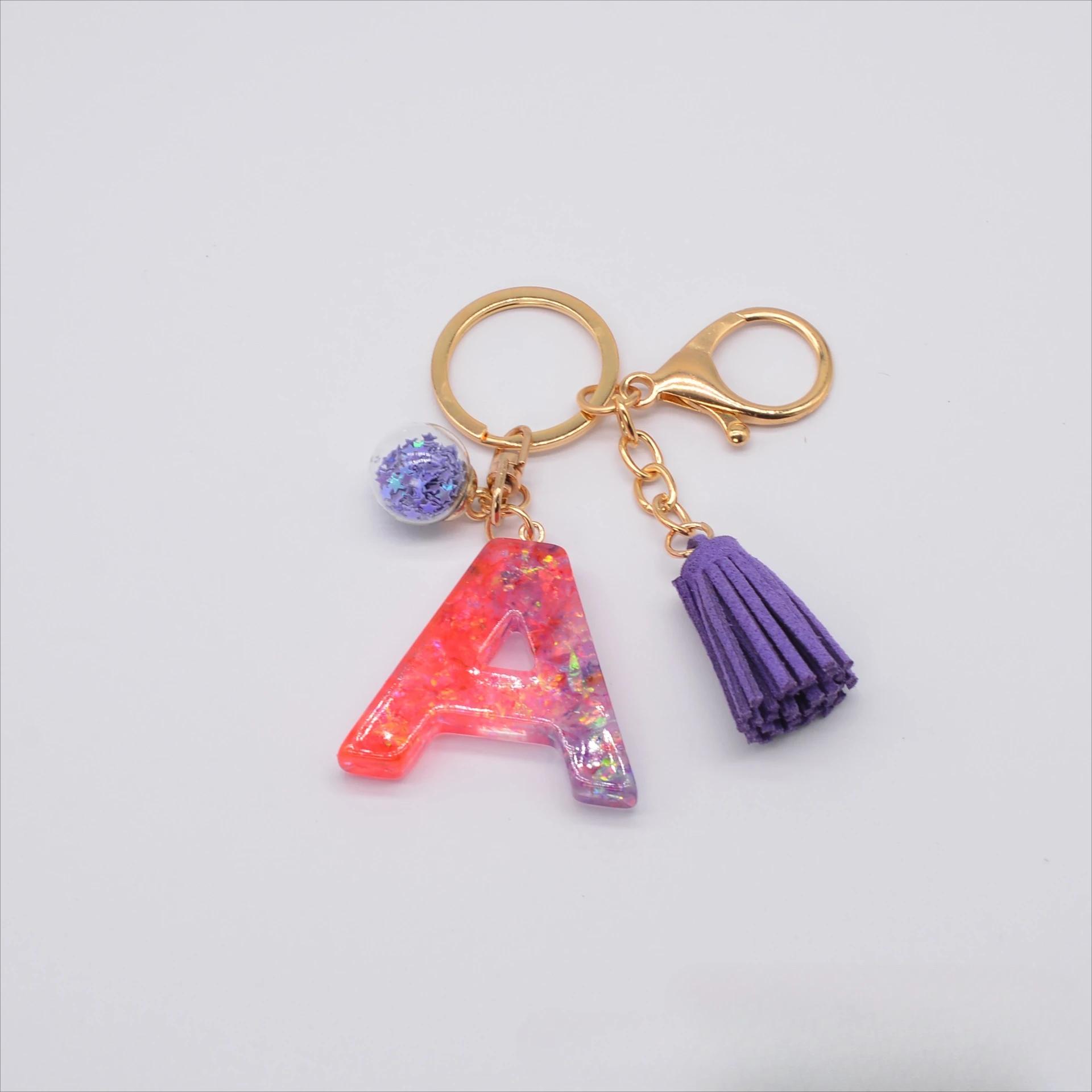 Wholesale Resin Glitter Letter Keychain Color Contrast Patchwork Crystal Epoxy Tassel English Letter Keychain