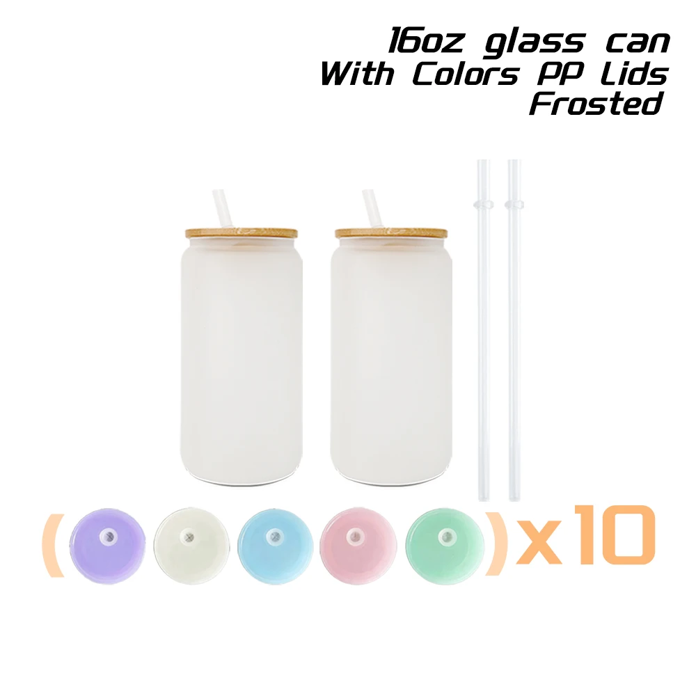 USA Warehouse 16oz Frosted Clear Beer Cups Sublimation Blanks Glass Can with Plastic 5 mixed color lids Bamboo Lid Plastic Straw