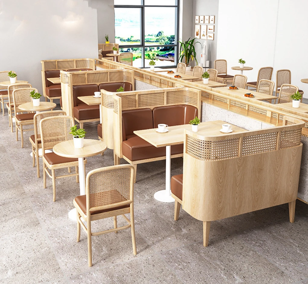 Woven rattan solid wood restaurant booth seat sofa milk tea shop burger shop cafe bar table chair booth sofa