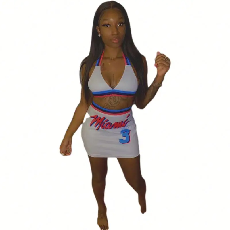 
2021 Summer Womens Jersey Dress Set 2 Pcs-Halter V Neck Crop Top+High Waist Letter Print Skirt Womens Sexy Outfit Two Piece 