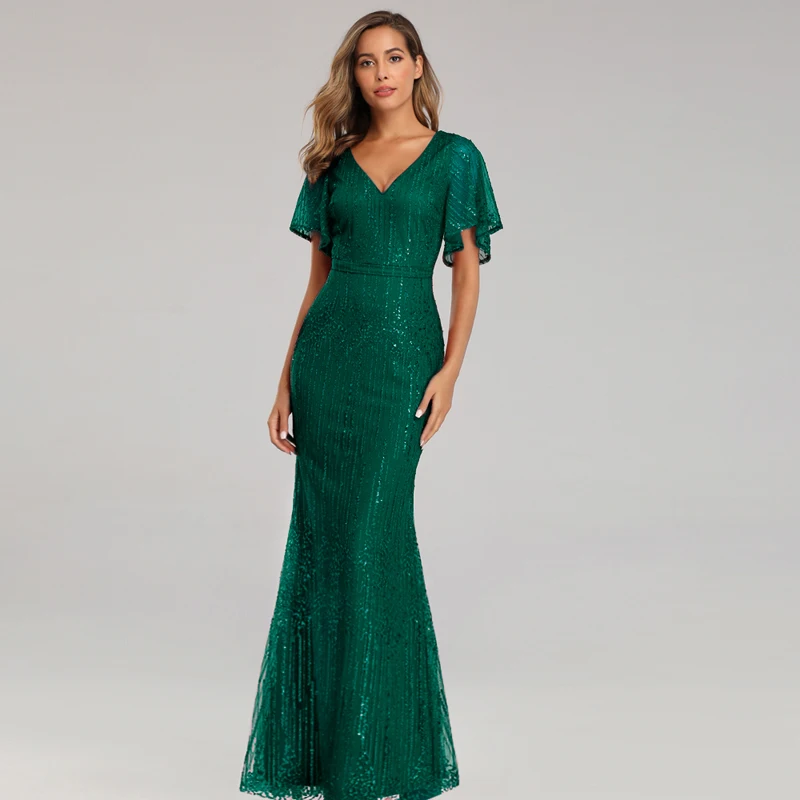 Custom Elegant Long Maxi V Neck Short Sleeve Green Long prom Evening Gown Dress for Women