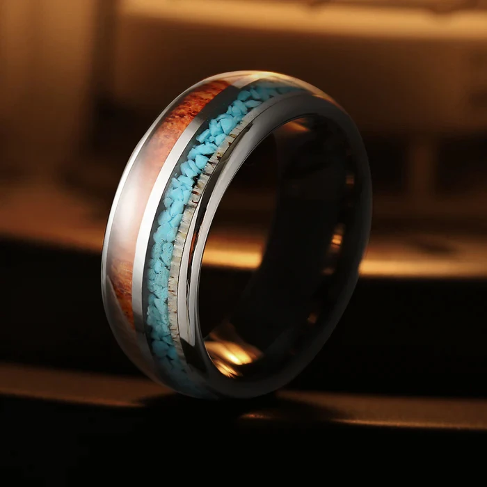 Ouyuan Jewelry Wholesale 8mm Tungsten Ring Men Women Fashion Engagement Wedding Band Antlers Turquoise Koa Wood Inlay