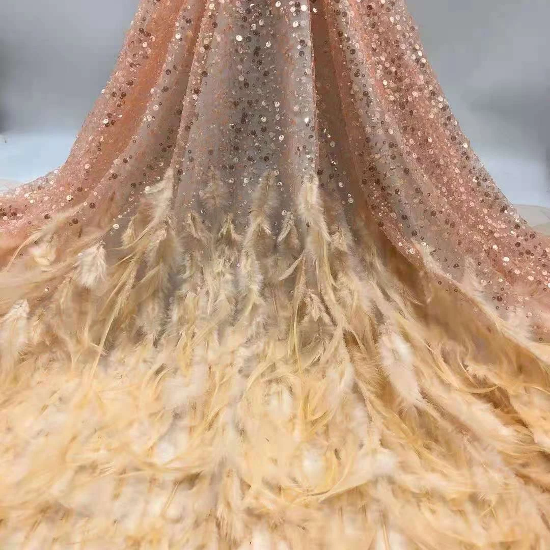 Fashion Glitter Sequin Lace Fabric Mesh 3D Embroidery French Tulle Lace Fabric With Ostrich Feather For Party