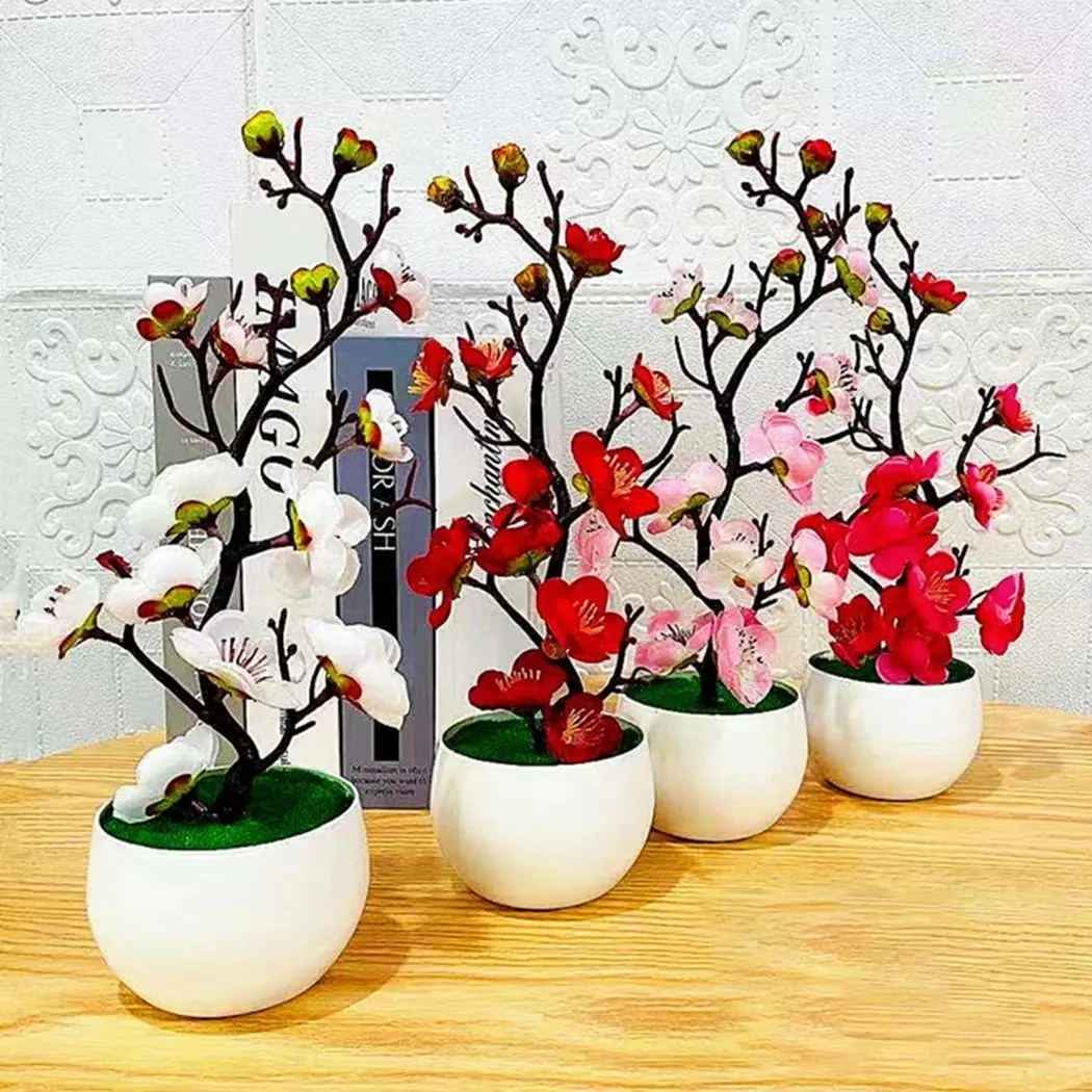 1pcs Bonsai Silk Flowers Plum Artificial Potted Plants Blossoms Simulation Winter Plum Branch Vases Wedding Home Room Decoration