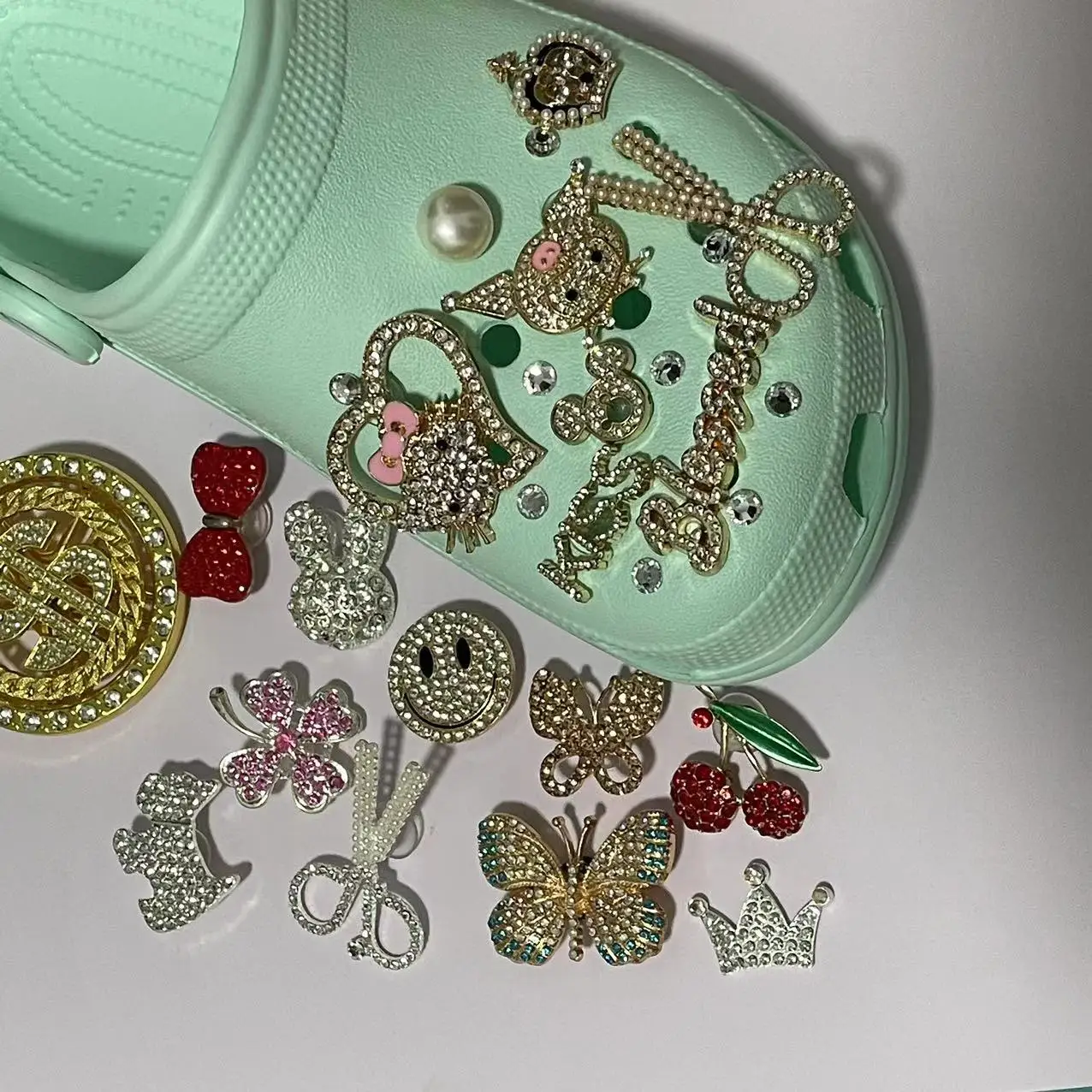 Hot sale croc slippers accessories metal bling charms hello ty croc charms shoe charms for croc shoes decoration