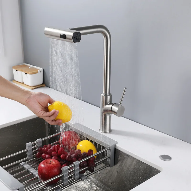 304ss Hot and cold stainless steel swivel taps pull out spray kitchen faucets Modern Intelligence waterfall kitchen faucets